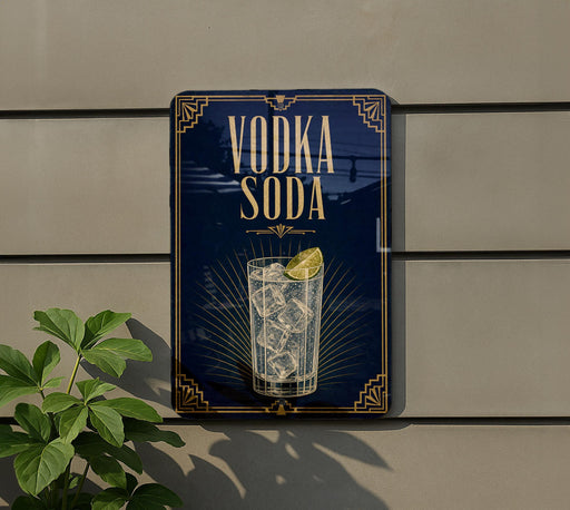 A sign for vodka soda is displayed on a wall, featuring a glass of vodka soda with a lime slice.