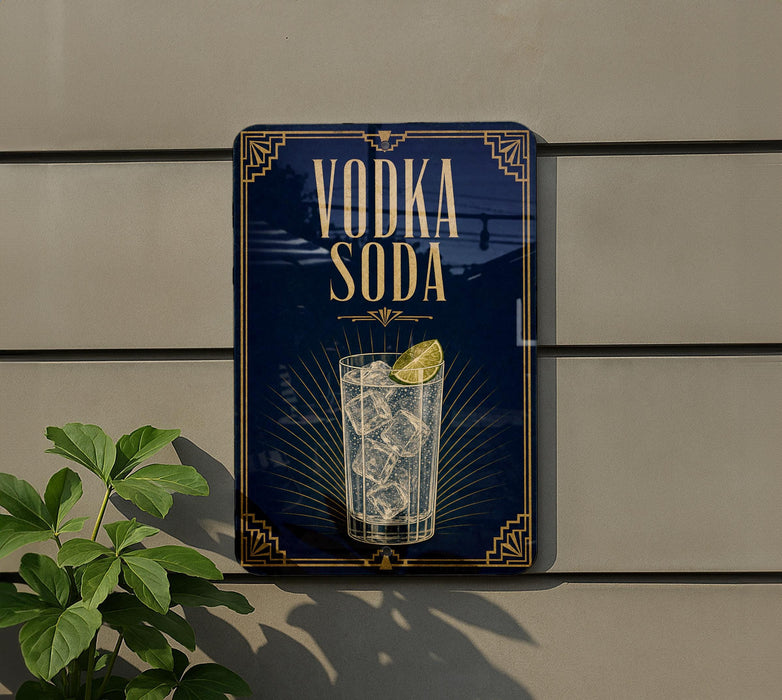 A sign for vodka soda is displayed on a wall, featuring a glass of vodka soda with a lime slice.