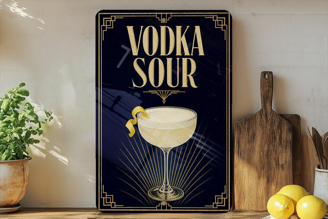 a poster with a stylized illustration of a cocktail glass filled with a yellow liquid, accompanied by the text "VODKA SOUR" in a decorative font.