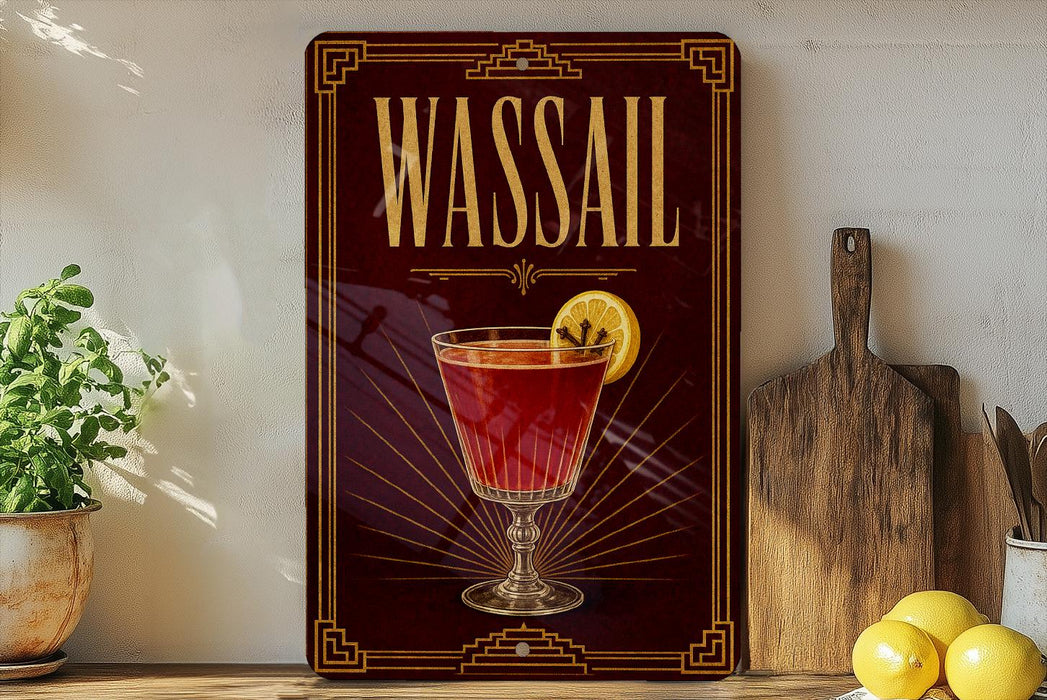 A framed advertisement for a drink called "Wassail" featuring a glass of the drink with a lemon slice.