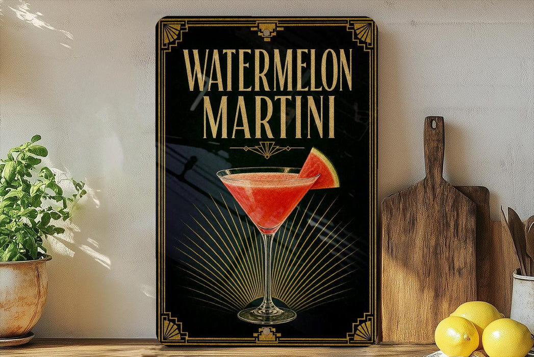 A framed advertisement for a "Watermelon Martini" cocktail, featuring a glass of the drink with a slice of watermelon on the rim.