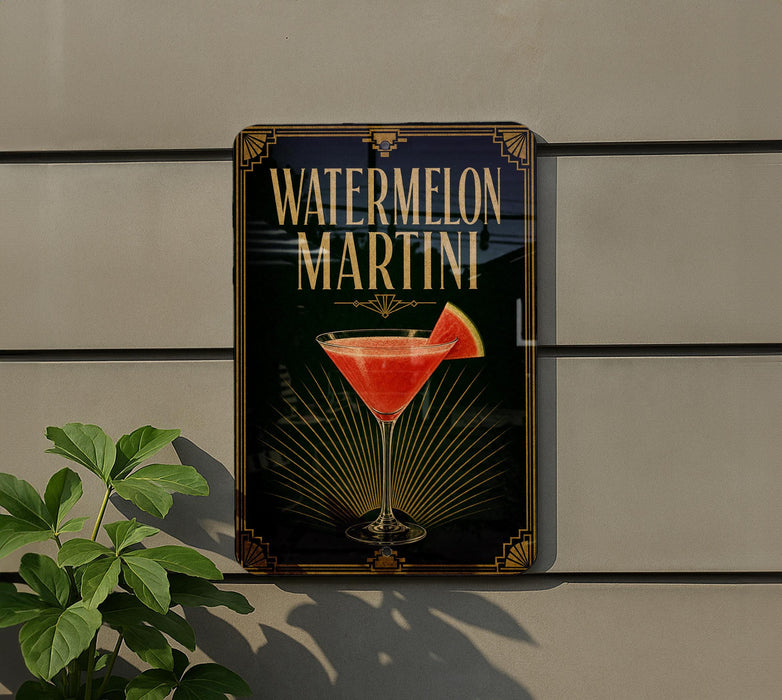 A sign for a "Watermelon Martini" is displayed on a wall, featuring a glass of the cocktail with a slice of watermelon.