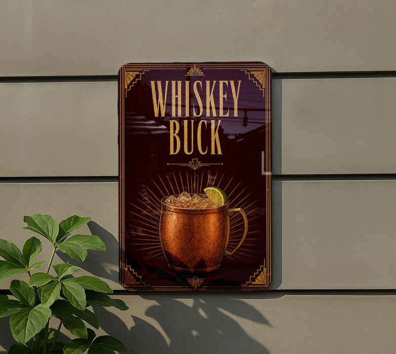 a copper mug with a lemon slice, accompanied by the text "WHISKEY BUCK" on a dark background.