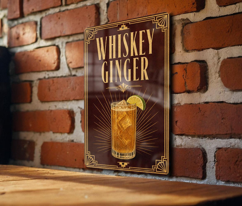 A sign with the text "WHISKEY GINGER" and an illustration of a cocktail is displayed on a brick wall.