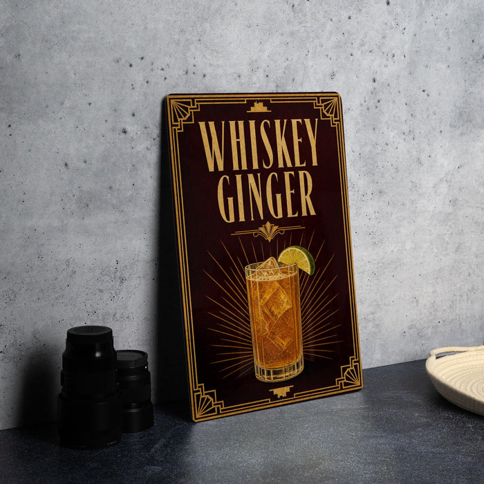 A wooden sign with a decorative border and the text "WHISKEY GINGER" is displayed on a gray countertop.