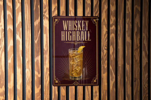 A sign for "Whiskey Highball" is displayed on a wooden wall.