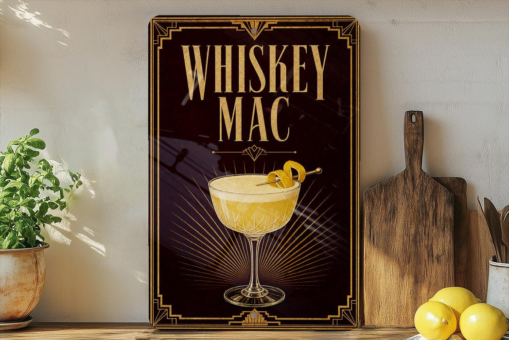 A decorative sign for whiskey mac cocktail, featuring a glass illustration and text.