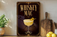 A decorative sign for whiskey mac cocktail, featuring a glass illustration and text.