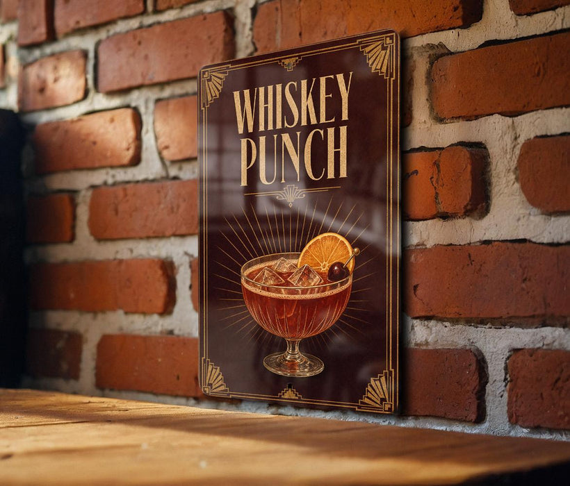 A sign for "Whiskey Punch" is displayed on a brick wall, featuring an illustration of a cocktail glass with an orange slice.