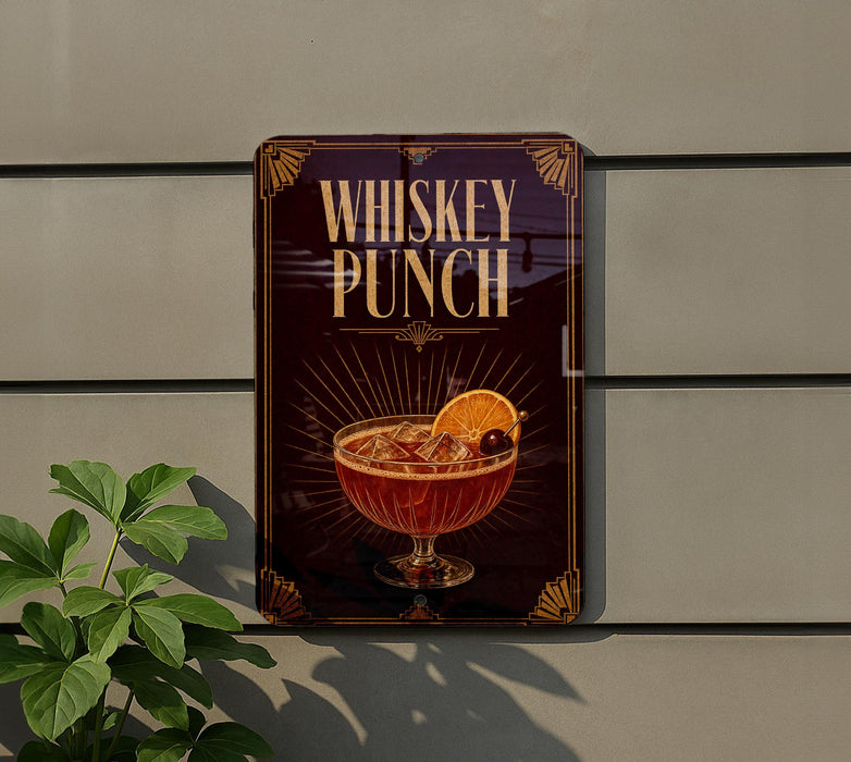 A sign for "Whiskey Punch" is displayed on a wall, featuring an illustration of a cocktail glass with a lemon slice and a cherry.
