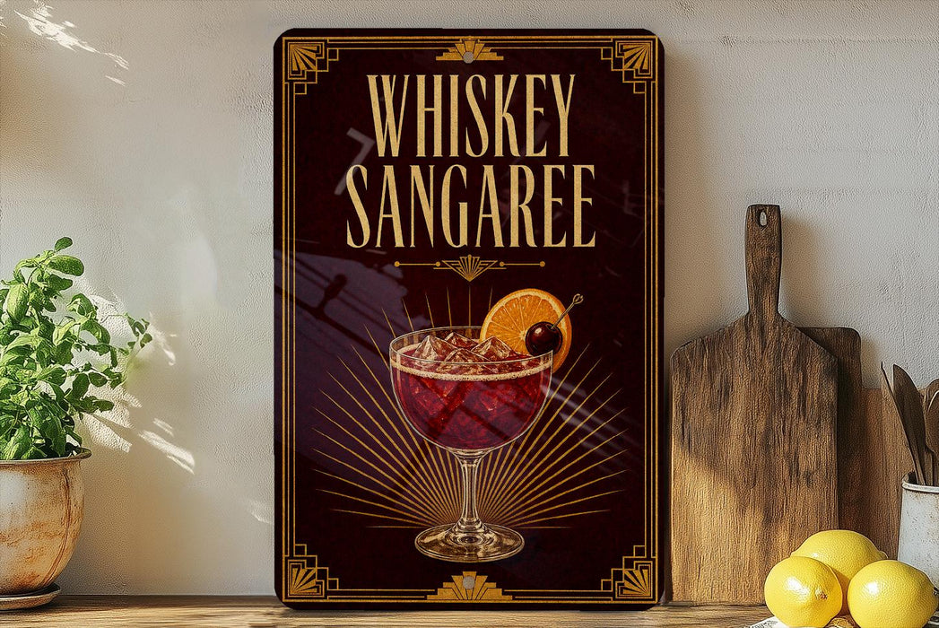 A decorative sign for a whiskey sangaree cocktail, featuring an illustration of a glass filled with the drink and garnished with an orange slice.