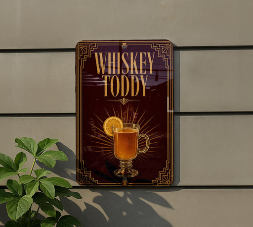 A sign for whiskey tody, featuring an illustration of a glass of whiskey with a slice of lemon.