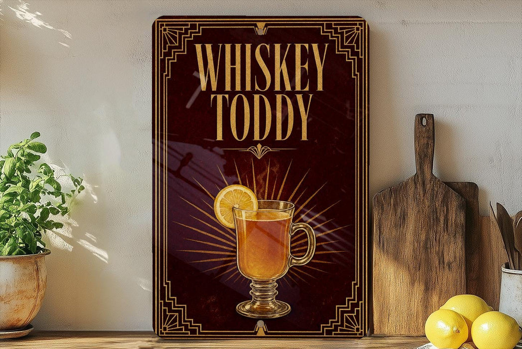A decorative sign for whiskey tody, featuring a glass of whiskey with a lemon slice, is displayed on a shelf next to a wooden cutting board and a potted plant.