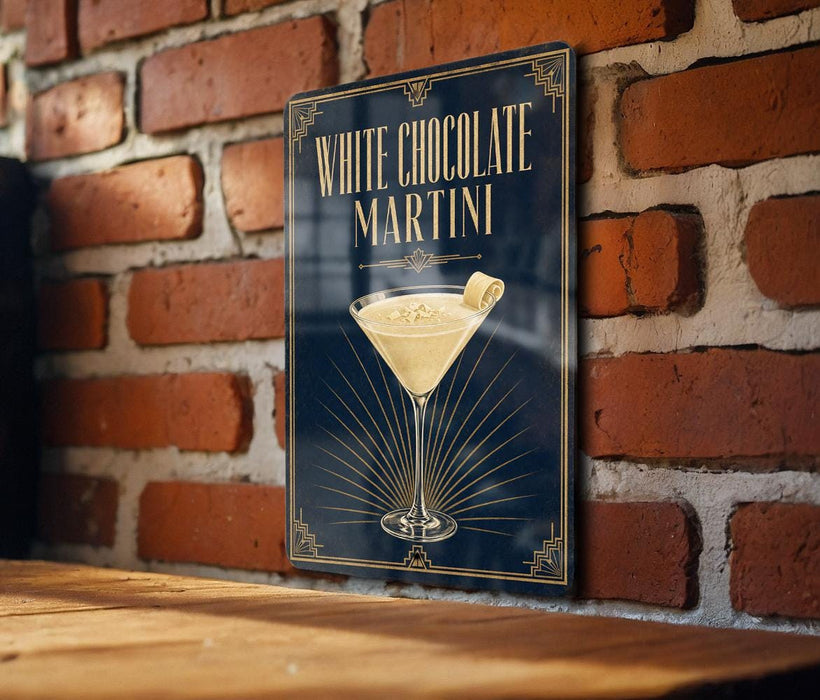 A poster advertising a "White Chocolate Martini" is displayed on a brick wall.