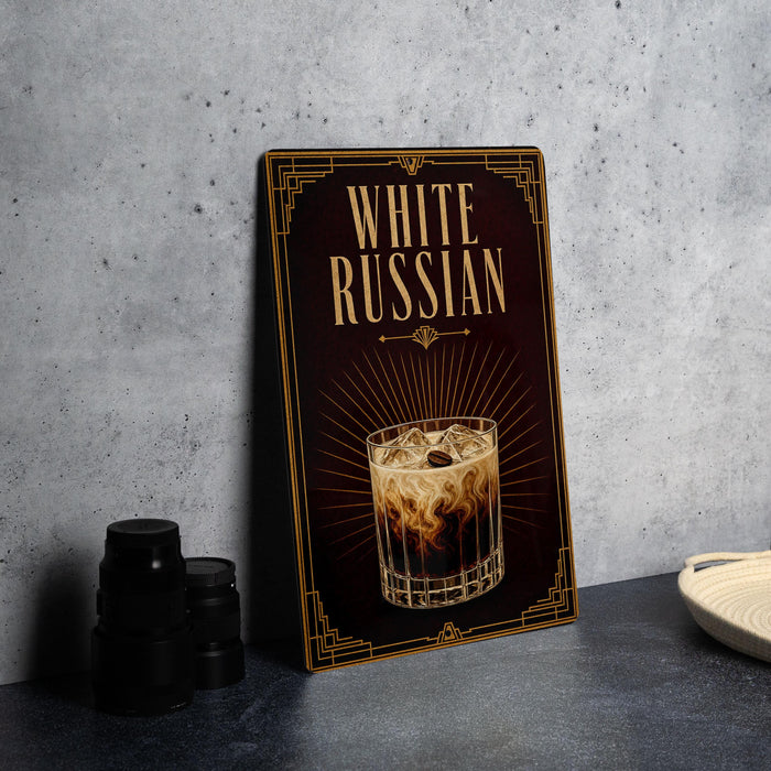 a sign with the text "WHITE RUSSIAN" and an illustration of a cocktail glass with ice cubes.