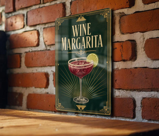 A sign for a wine margarita is displayed on a brick wall, featuring an illustration of a wine glass with a slice of lime.