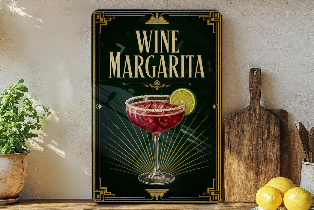 A wine margarita sign is displayed on a wooden shelf, accompanied by a potted plant, a wooden cutting board, and some lemons.