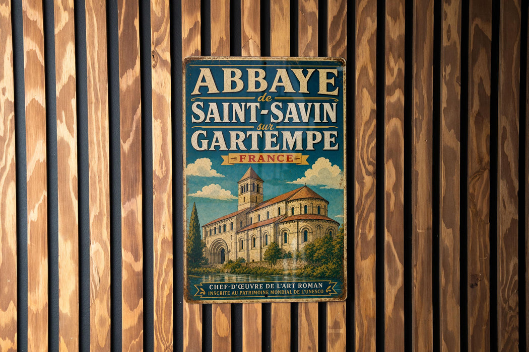 A vintage metal sign for the Abbaye de Saint-Savin in Gartempe, France, featuring an illustration of a church with a tower.