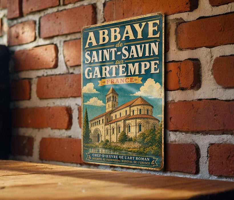 A vintage-style poster advertising the Abbaye de Saint-Savin in Gartempe, France, featuring an illustration of a church building.