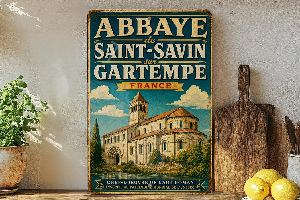 A vintage-style sign for the Abbaye de Saint-Savin in Gartempe, France, featuring an illustration of a church with a bell tower.
