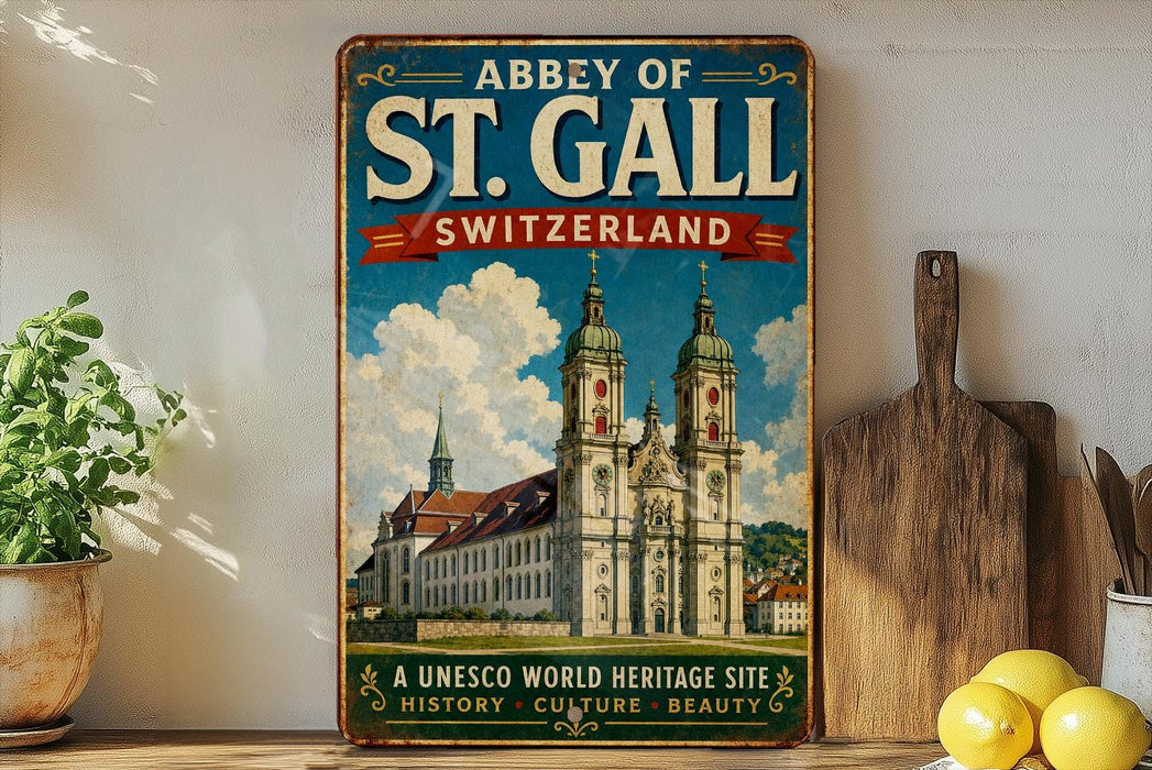 A vintage-style metal sign displaying the name "Abbey of St. Gall Switzerland" and a picture of St. Gall Cathedral, with additional text indicating it is a UNESCO World Heritage Site.