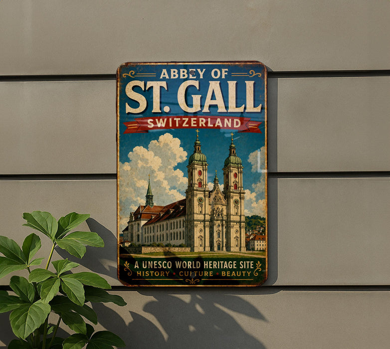 A vintage metal sign displaying the Abbey of St. Gall, Switzerland, with a colorful illustration of the historic building.
