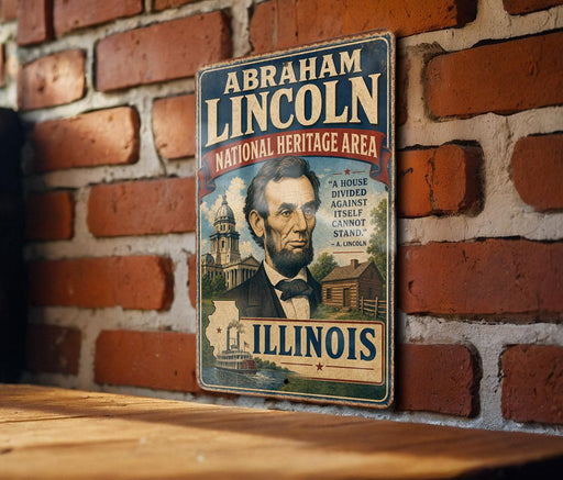 a vintage-style sign with the name "Abraham Lincoln" and the text "National Heritage Area" on a brick wall.