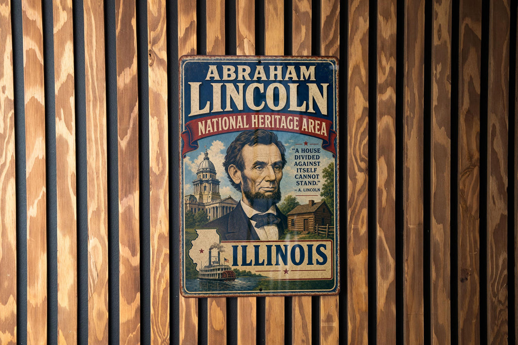 A vintage-style metal sign featuring the portrait of Abraham Lincoln, with the text "Abraham Lincoln National Heritage Area" and "Illinois" below the image.