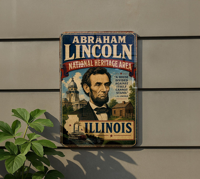 a vintage-style metal sign with an illustration of Abraham Lincoln, the 16th President of the United States, and the text "Abraham Lincoln National Heritage Area Illinois".