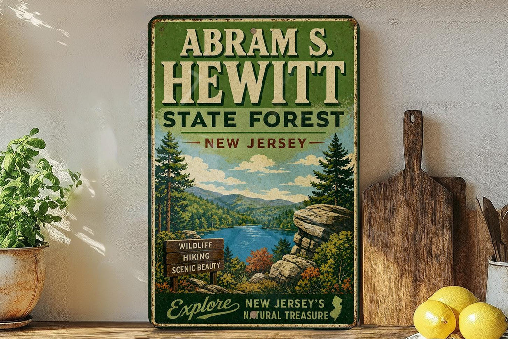 A vintage-style sign for Abraham S. Hewitt State Forest in New Jersey, featuring a scenic landscape with pine trees, a lake, and mountains.