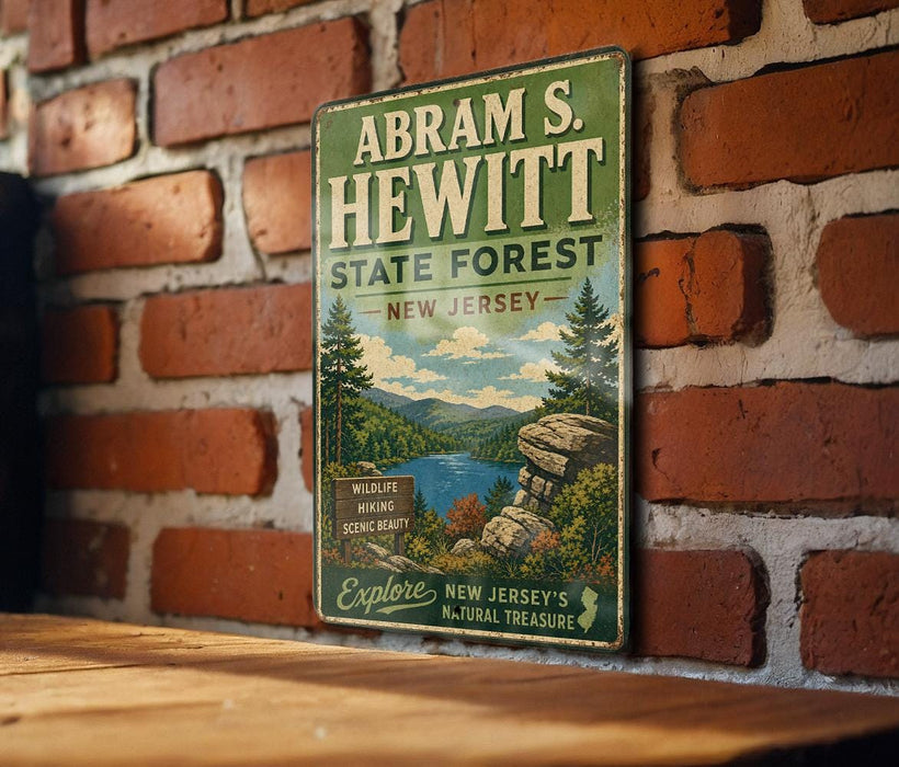 A vintage-style metal sign for the Abraham S. Hewitt State Forest in New Jersey, featuring a scenic illustration of the forest and a lake.