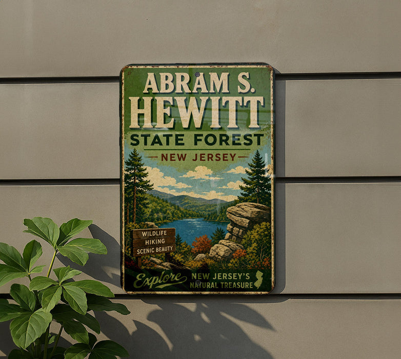A vintage-style metal sign for Abraham S. Hewitt State Forest in New Jersey, featuring a scenic landscape with pine trees, a lake, and mountains.