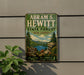 A vintage-style metal sign for Abraham S. Hewitt State Forest in New Jersey, featuring a scenic landscape with pine trees, a lake, and mountains.