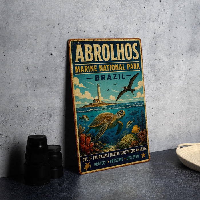 A vintage-style metal sign for Abrolhos Marine National Park in Brazil, featuring an illustration of a lighthouse, sea turtle, and various marine life.