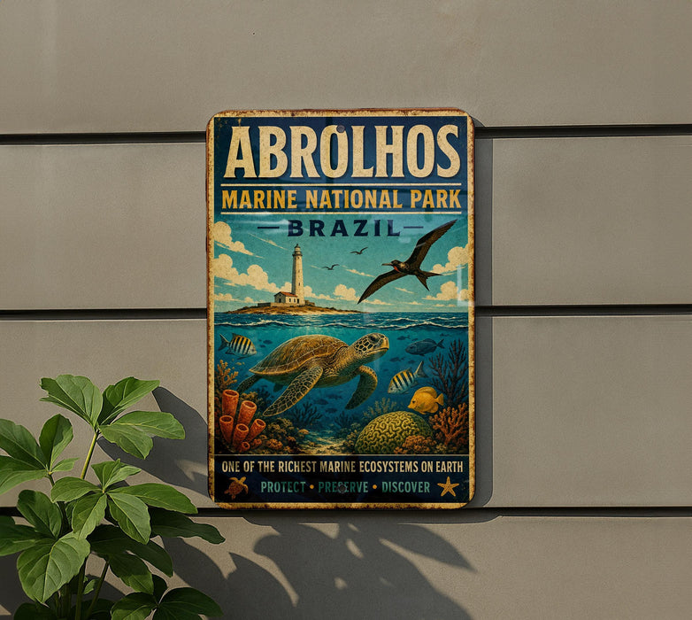 a vintage-style metal sign for Abrolhos Marine National Park in Brazil, depicting a lighthouse, a turtle, and various marine life.