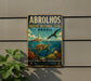 a vintage-style metal sign for Abrolhos Marine National Park in Brazil, depicting a lighthouse, a turtle, and various marine life.