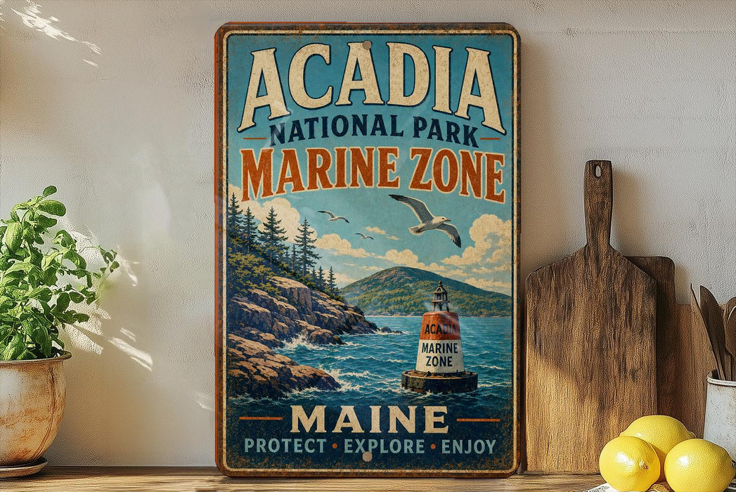 A vintage-style metal sign for Acadia National Park's Marine Zone, featuring a scenic image of a lighthouse and a rocky coastline.