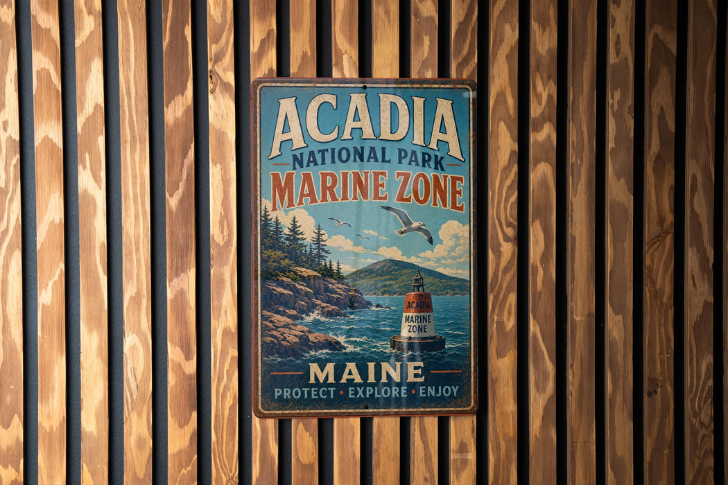 A vintage metal sign for Acadia National Park's Marine Zone, featuring a lighthouse and a seagull, is displayed on a wooden wall.