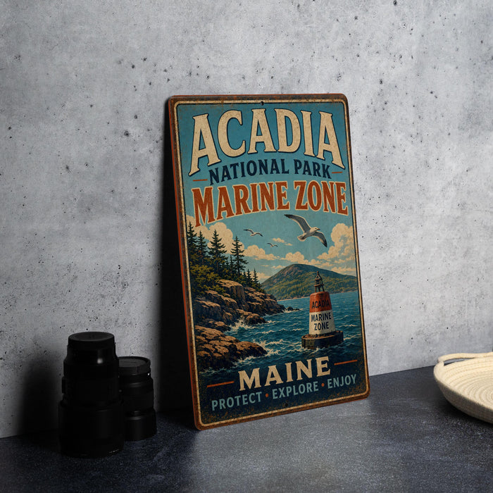 A vintage metal sign for Acadia National Park's Marine Zone, featuring a lighthouse and a scenic coastal landscape.