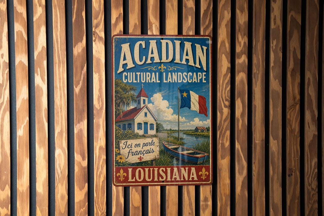 A vintage-style metal sign for the Acadian Cultural Landscape in Louisiana, featuring a church, a river, and a boat.