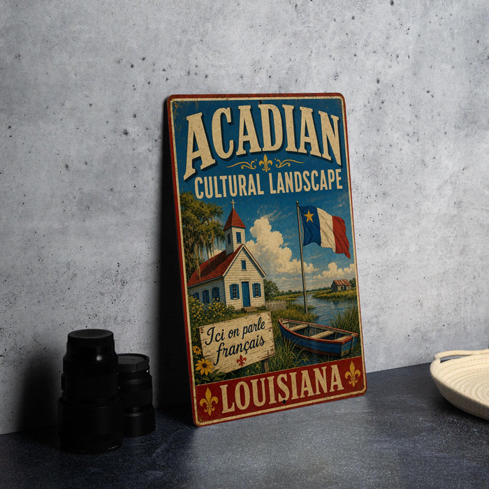 A vintage-style metal sign for the Acadian Cultural Landscape in Louisiana, featuring a house, a boat, and a flag.