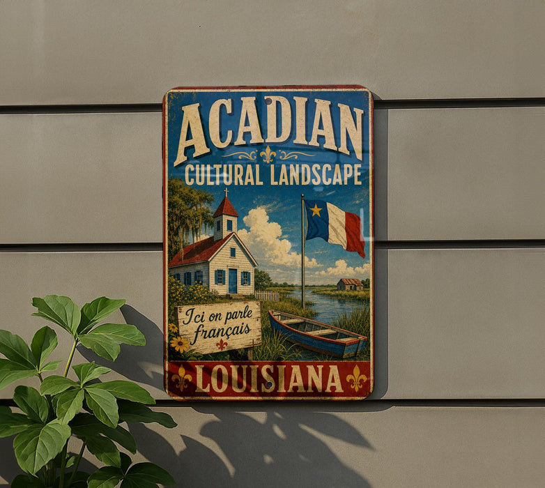 A vintage-style sign for the Acadian Cultural Landscape in Louisiana, featuring a house, a boat, and a flag.