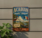 A vintage-style sign for the Acadian Cultural Landscape in Louisiana, featuring a house, a boat, and a flag.