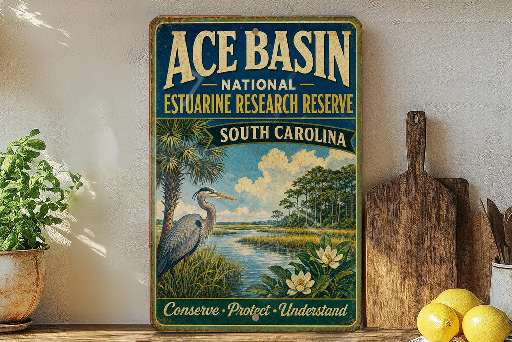A vintage-style sign for the Ace Basin National Estuarine Research Reserve in South Carolina, featuring a seagull and a tropical landscape.
