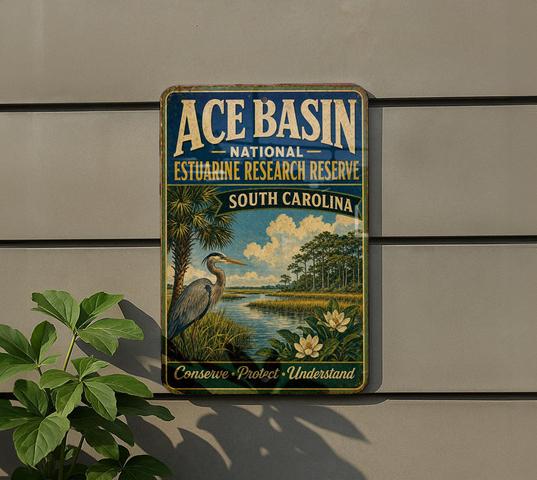 A vintage-style sign for the Ace Basin National Estuarine Research Reserve in South Carolina, featuring a seagull and a tropical landscape.