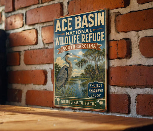 A vintage-style sign for Ace Basin National Wildlife Refuge in South Carolina, featuring a large heron and a tropical landscape.