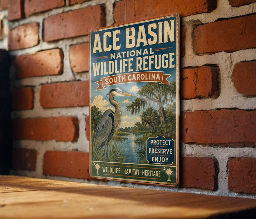 A vintage-style sign for Ace Basin National Wildlife Refuge in South Carolina, featuring a large heron and a tropical landscape.