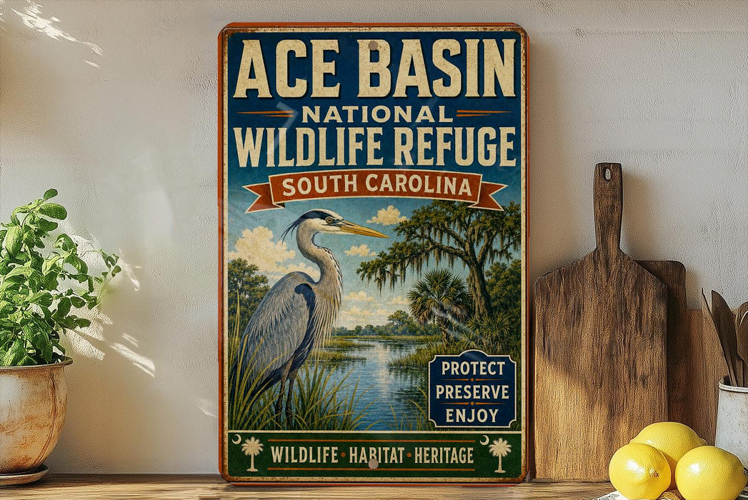 A vintage-style sign for Ace Basin National Wildlife Refuge in South Carolina, featuring an illustration of a heron in a lush, tropical landscape.