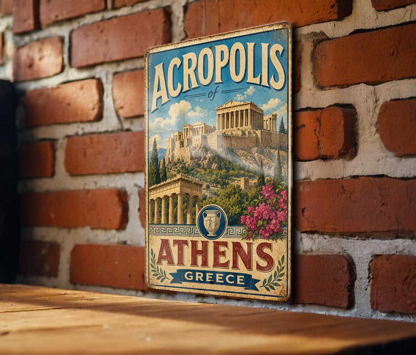 A vintage metal sign displaying the name "ACROPOLIS of Athens" and the word "GREECE" is mounted on a brick wall.