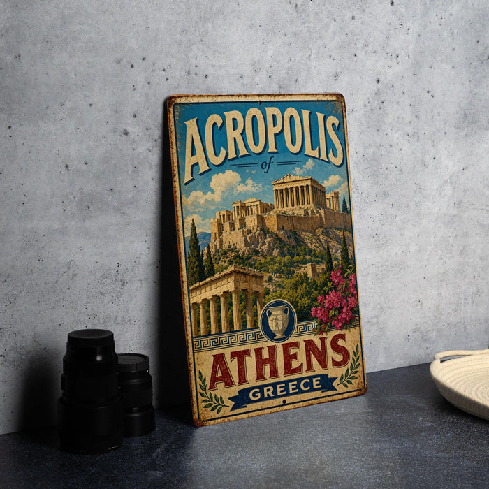 A vintage-style metal sign displaying the name "ACROPOLIS of Athens" and the city of Athens, Greece, with a picture of the Acropolis and other Greek landmarks.